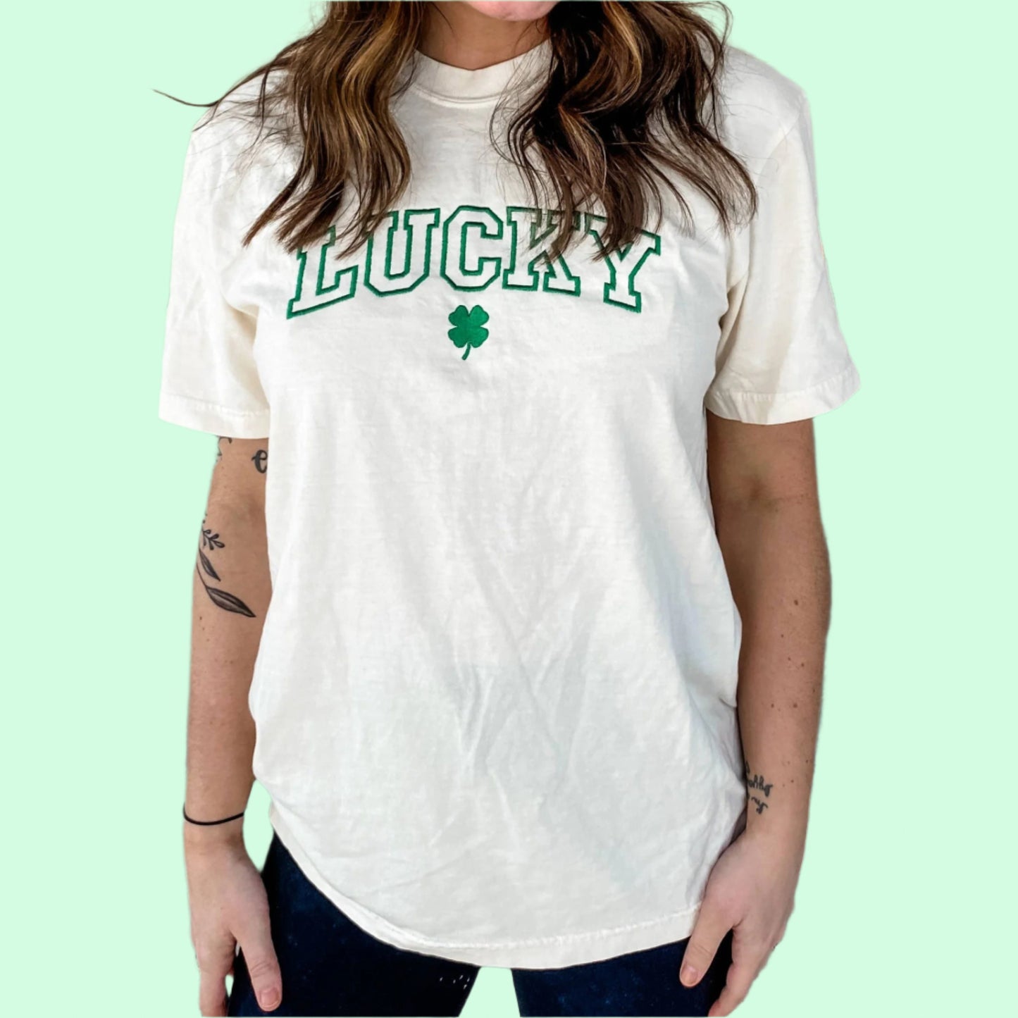 St. Patrick’s Day Lucky Embroidered Tee: Ivory
