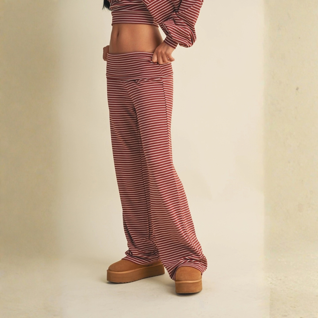 Casey Striped Relaxed Foldover Pants: Chestnut Cream