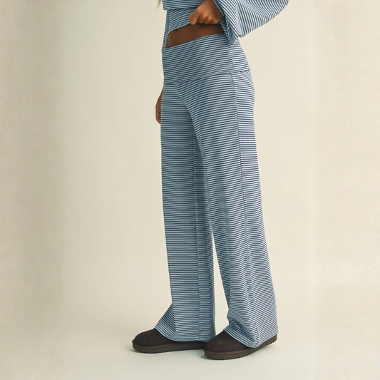 Casey Striped Relaxed Foldover Pants: Blue Navy