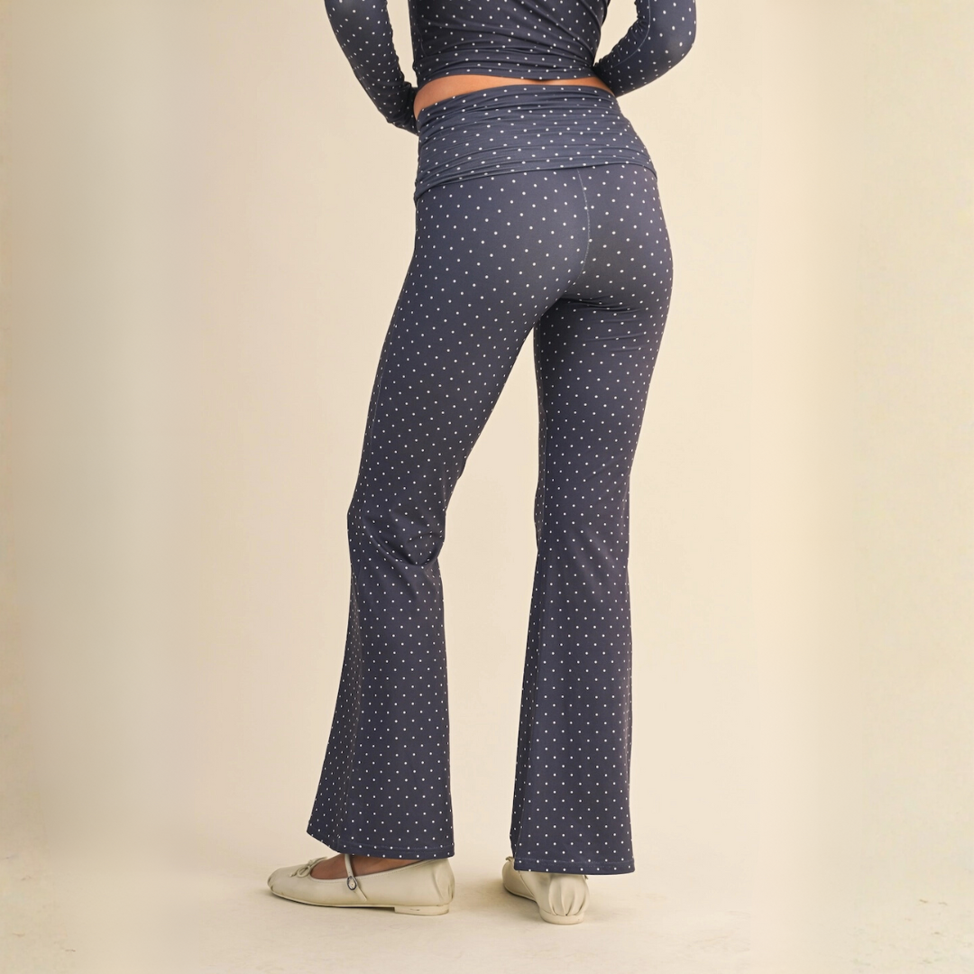Tessa Soft Knit Foldover Yoga Pants: Navy Polka Dot