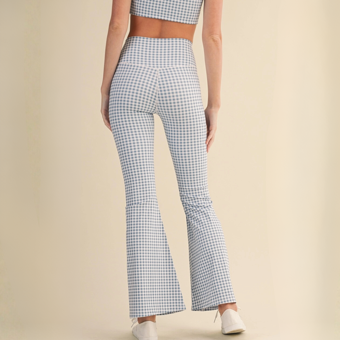 Layla Crossover Yoga Pants: Dusty Blue Gingham