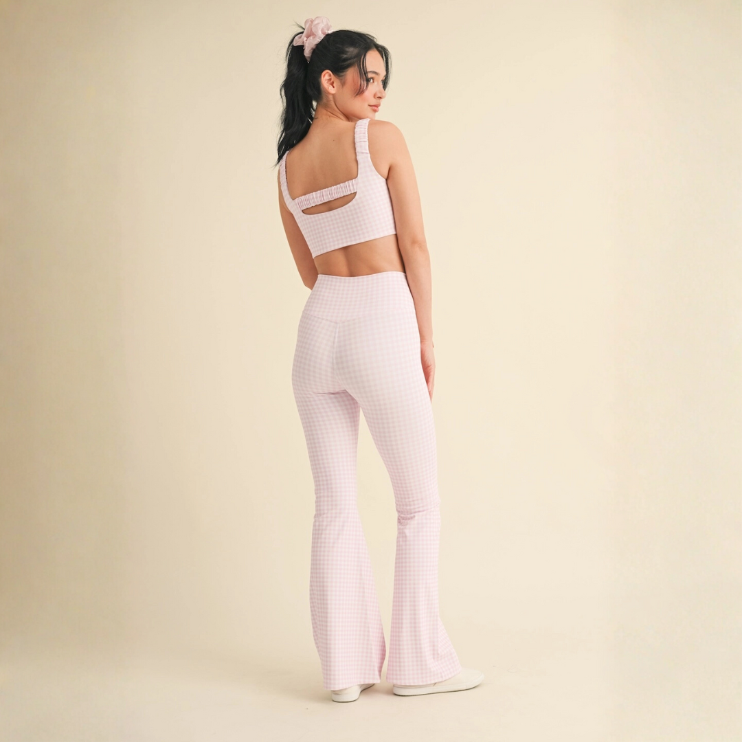 Layla Crossover Yoga Pants: Pink Gingham