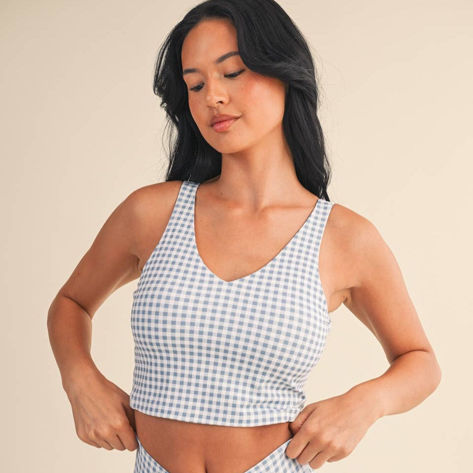 Lucinda Cropped Tank Top: Dusty Blue Gingham