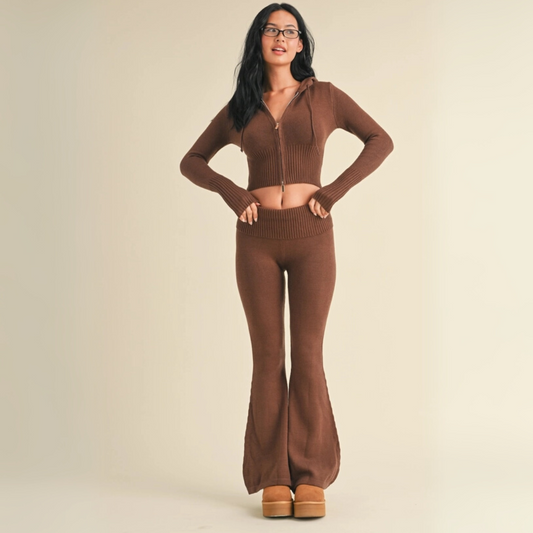 Stella Zip Up Knit Sweater Hoodie: Chocolate