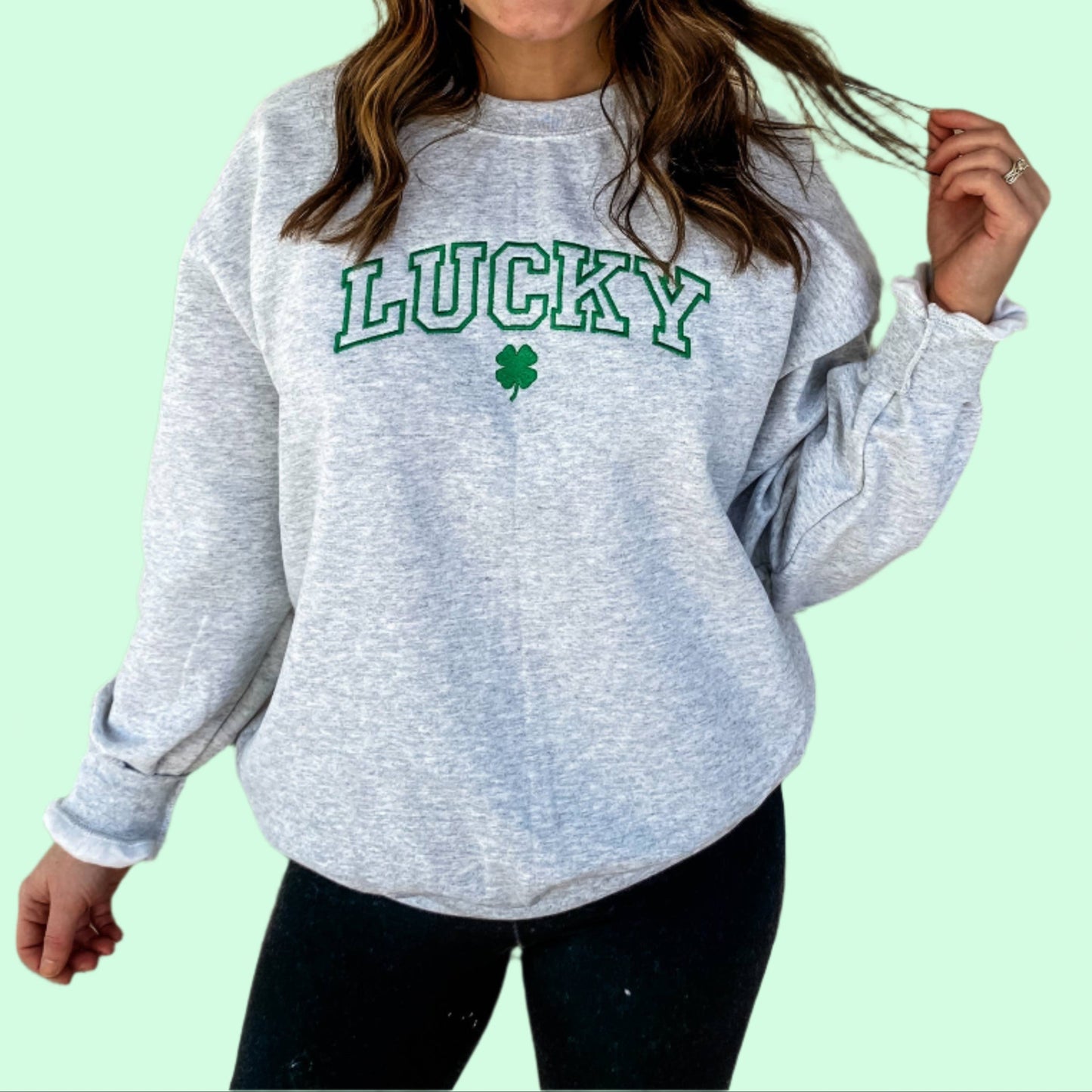 St. Patrick’s Day Lucky Embroidered Crew: Ash