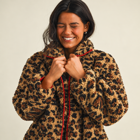 Emme Contrast Binding Full Zip Sherpa Jacket: Leopard