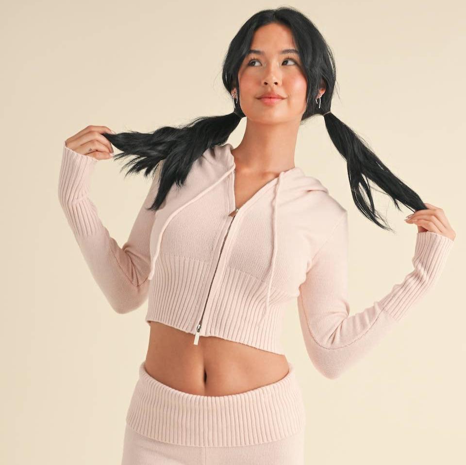 Stella Zip Up Knit Sweater Hoodie: Heather Grey