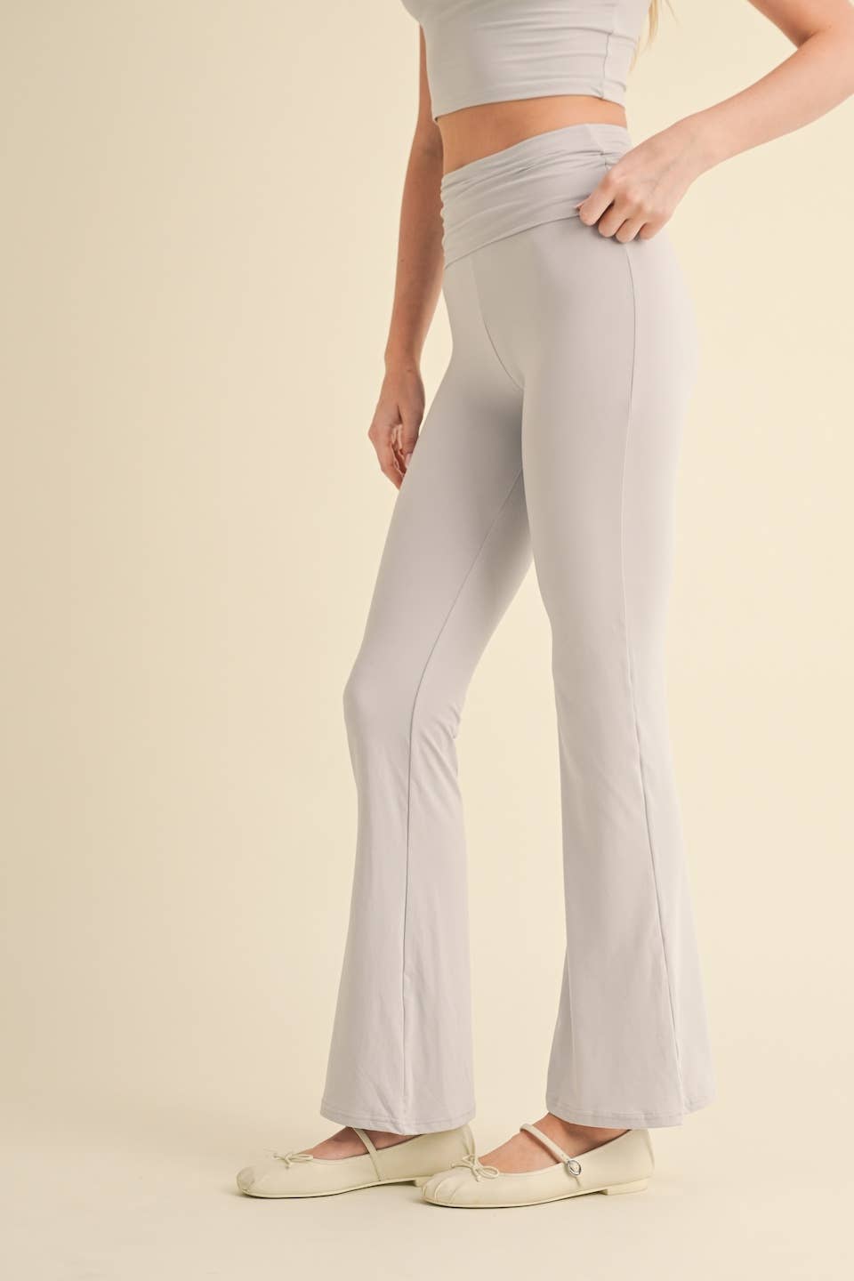 Tessa Soft Knit Foldover Yoga Pants: Stone
