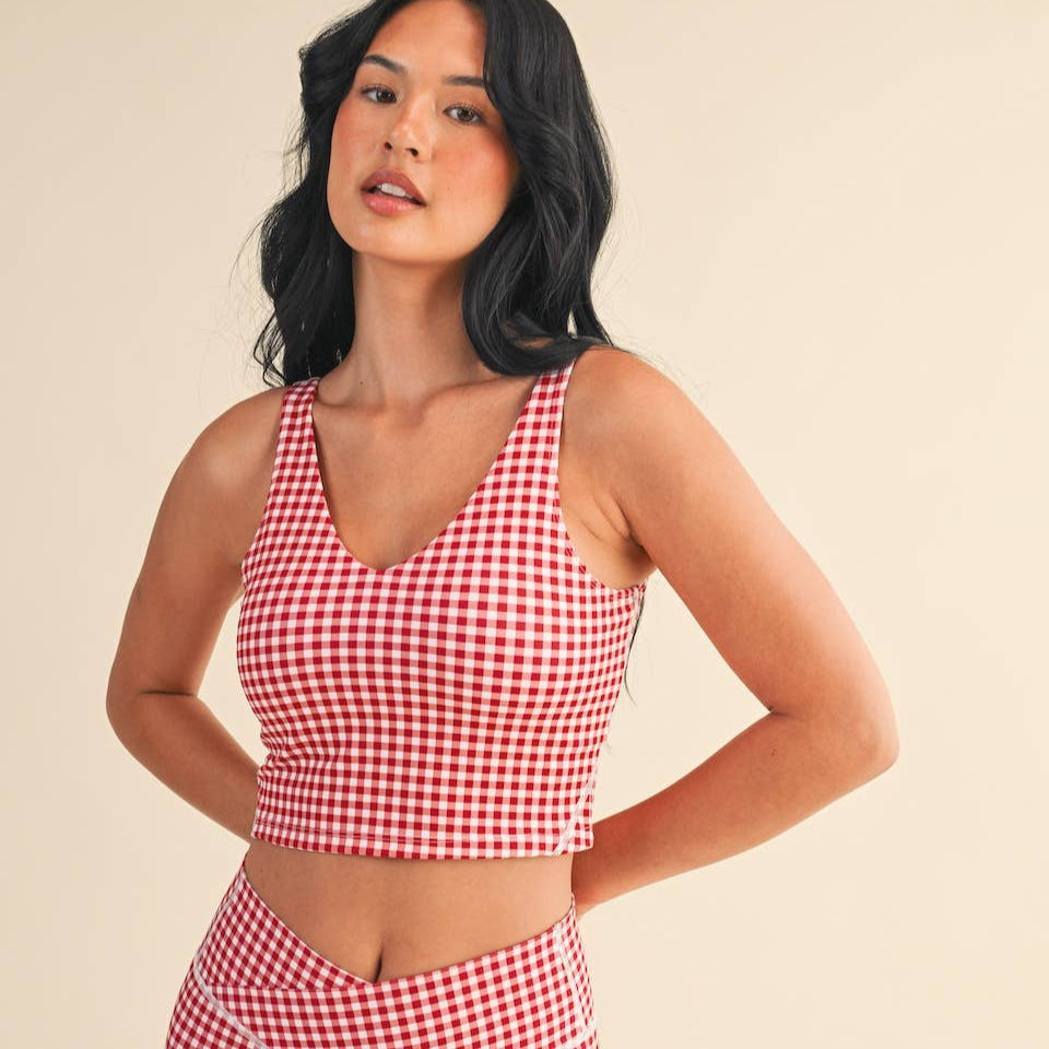 Lucinda Cropped Tank Top: Red Gingham