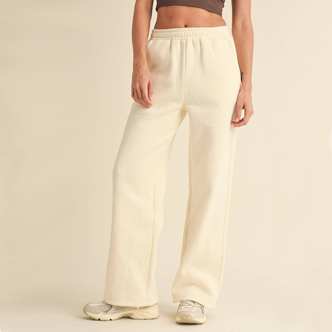 Laura Cozy Fleece Wide Leg Sweats: Cream