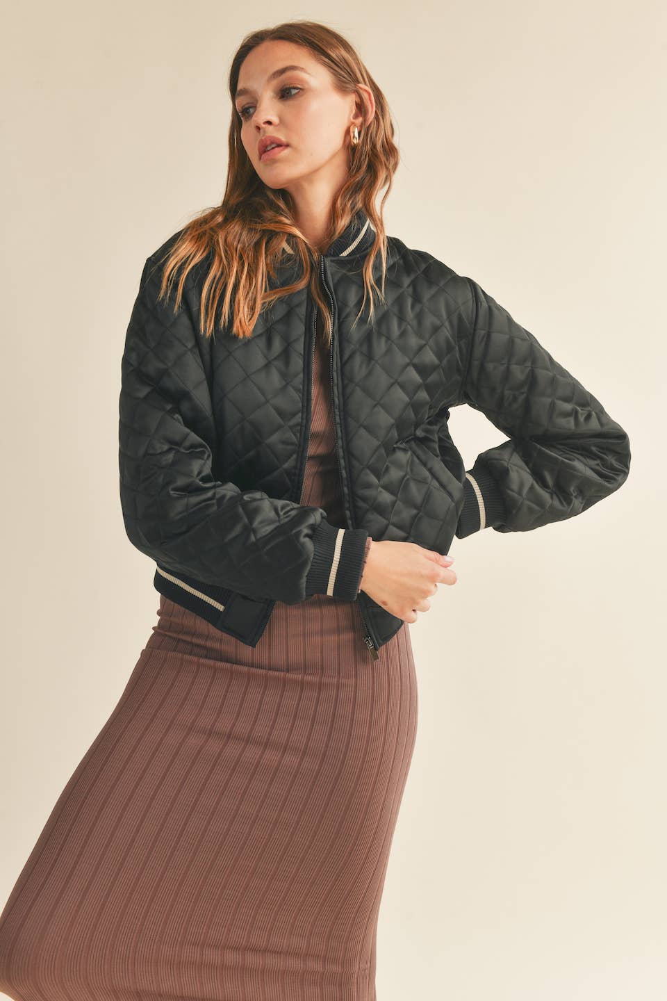 Harper Black Quilted Bomber Jacket: Black