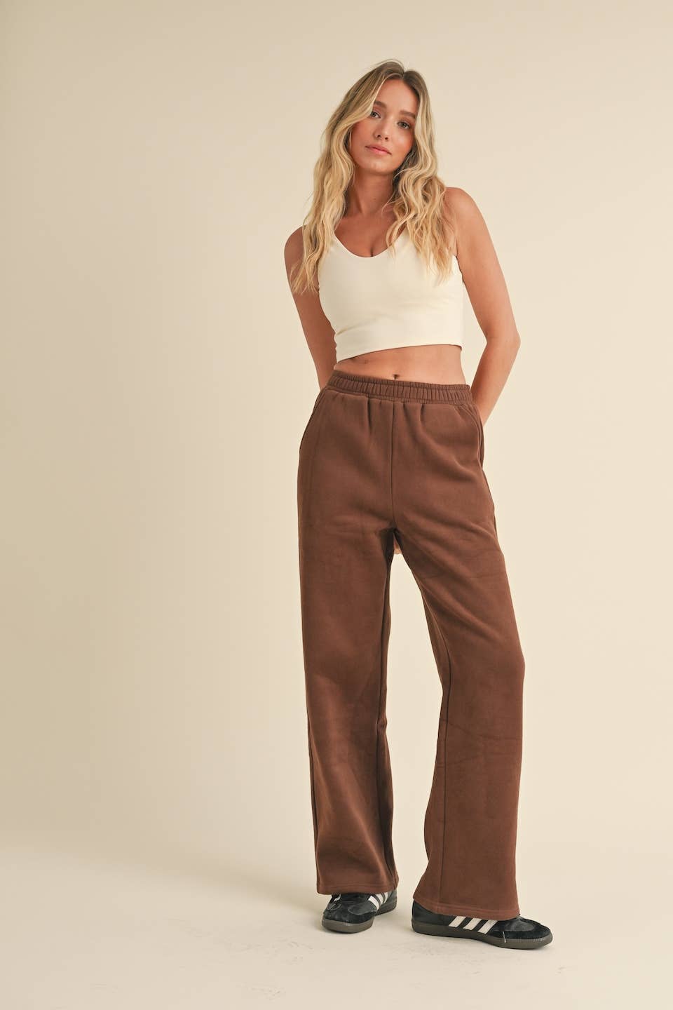 Laura Cozy Fleece Wide Leg Sweats: Chocolate