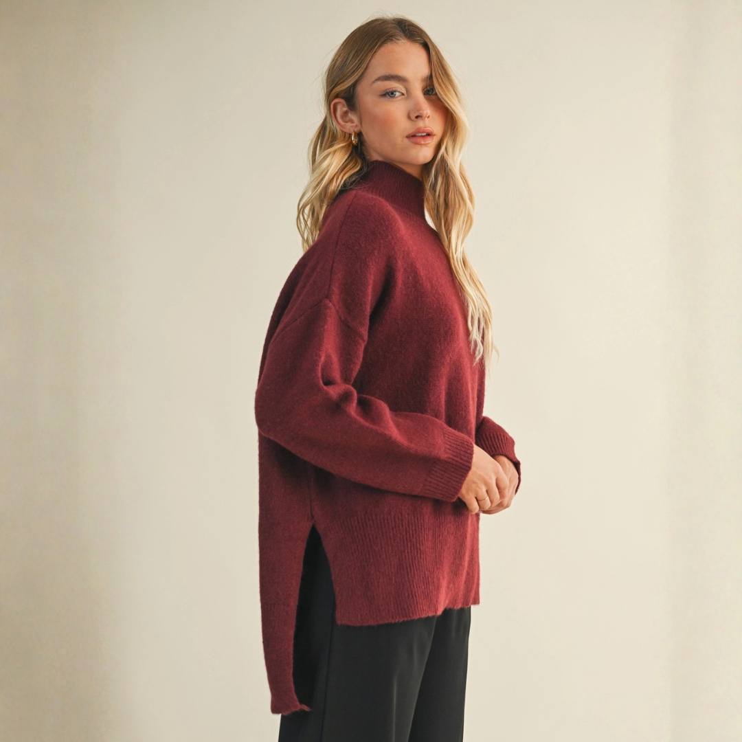 Brooklyn Mock Neck Sweater: Dark Cherry