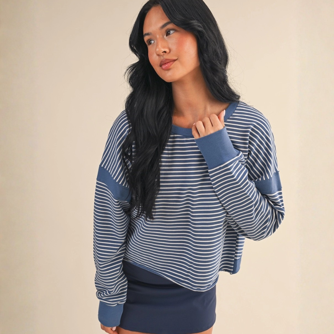 Kady Cutout Longsleeve Tee: Blue Stripes