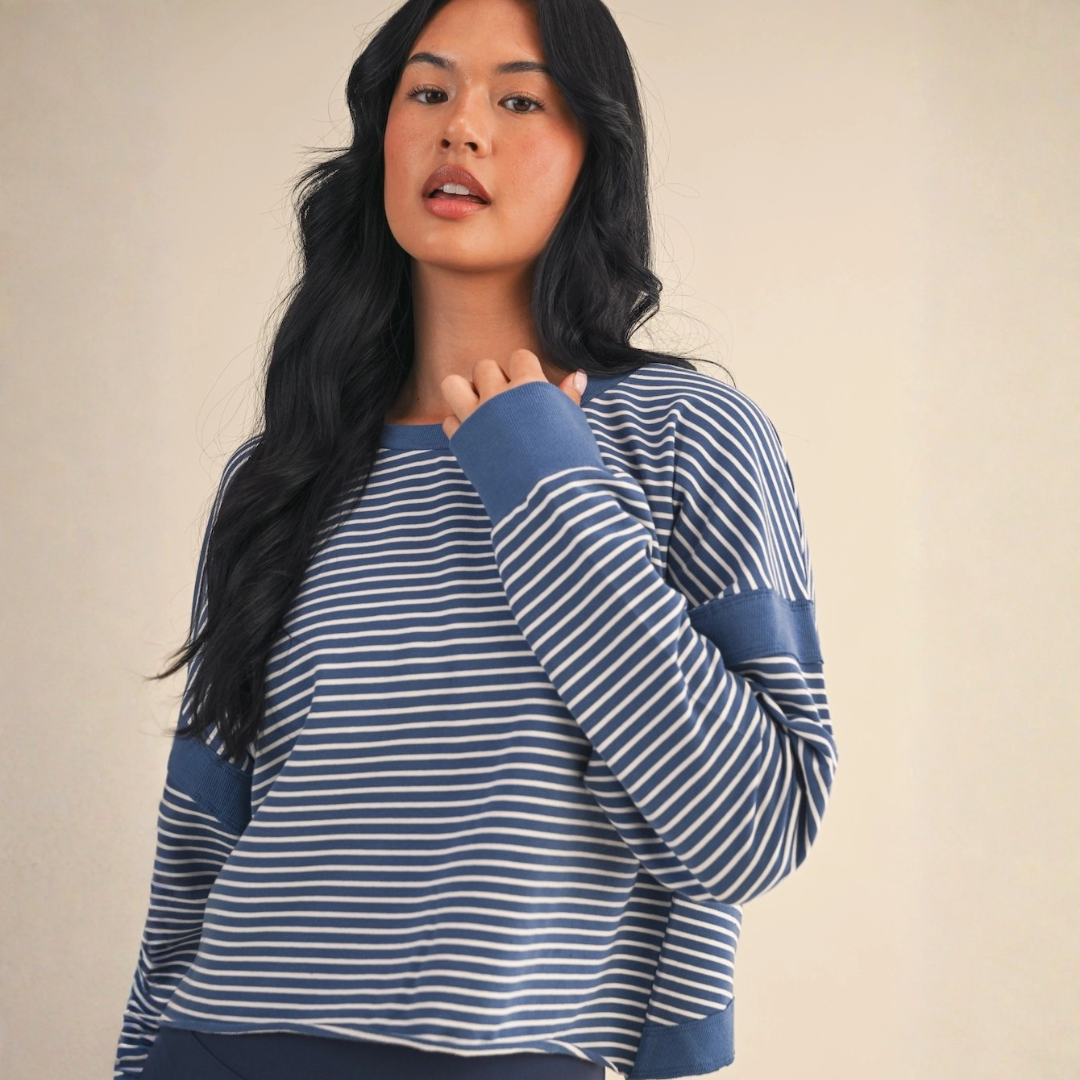 Kady Cutout Longsleeve Tee: Blue Stripes