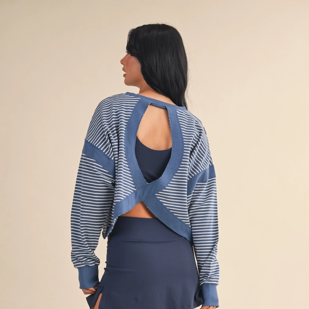 Kady Cutout Longsleeve Tee: Blue Stripes