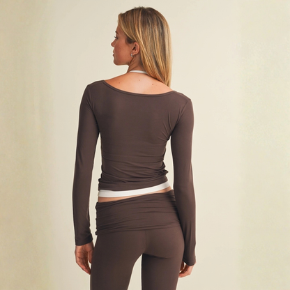 Mariah Soft Knit Double Layered Long Sleeve Top: Chocolate