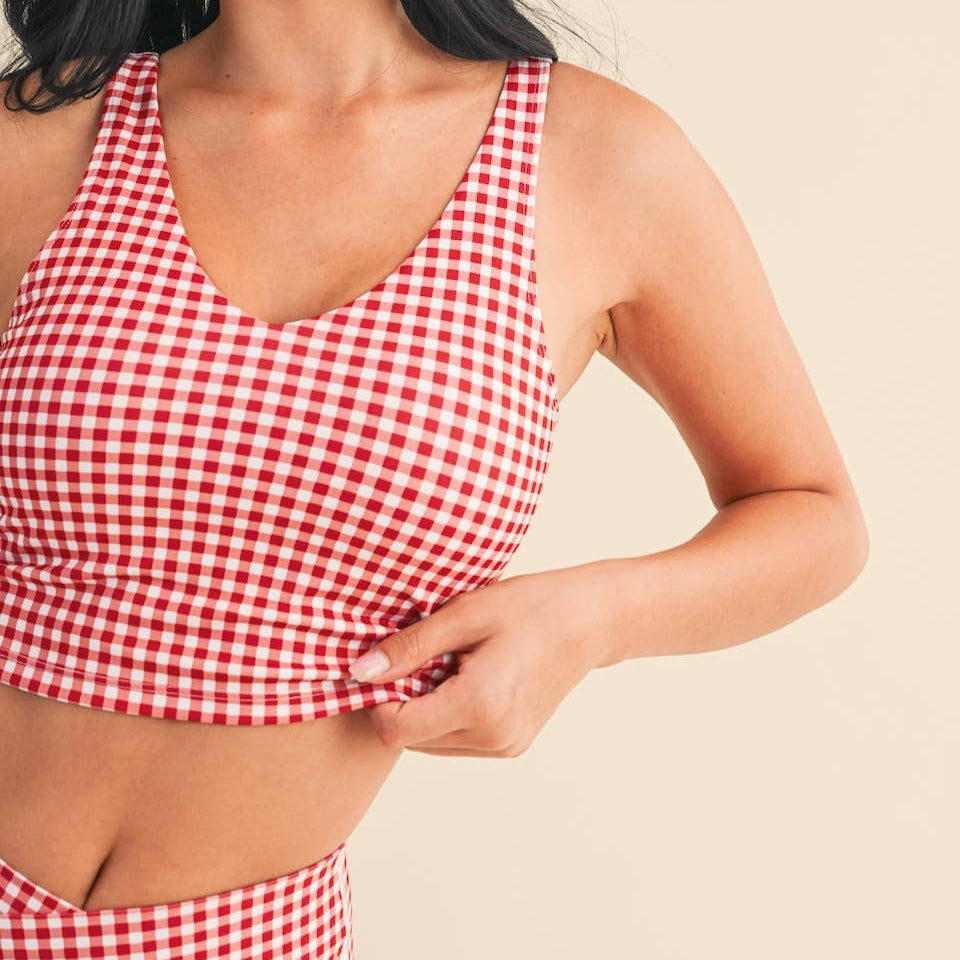 Lucinda Cropped Tank Top: Red Gingham