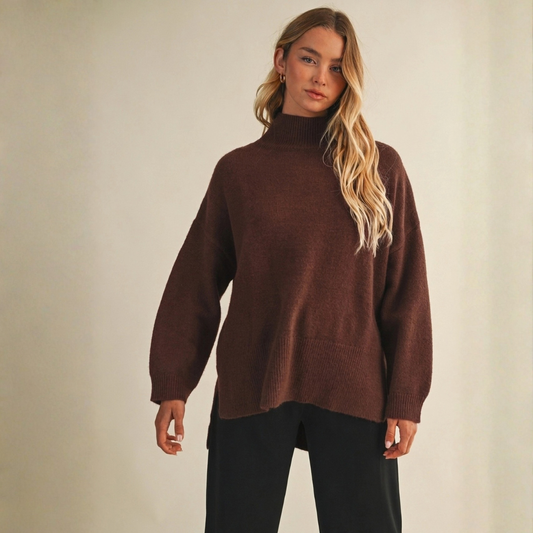 Brooklyn Mock Neck Sweater: Chocolate