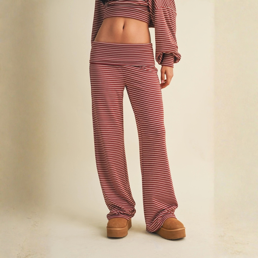 Casey Striped Relaxed Foldover Pants: Chestnut Cream