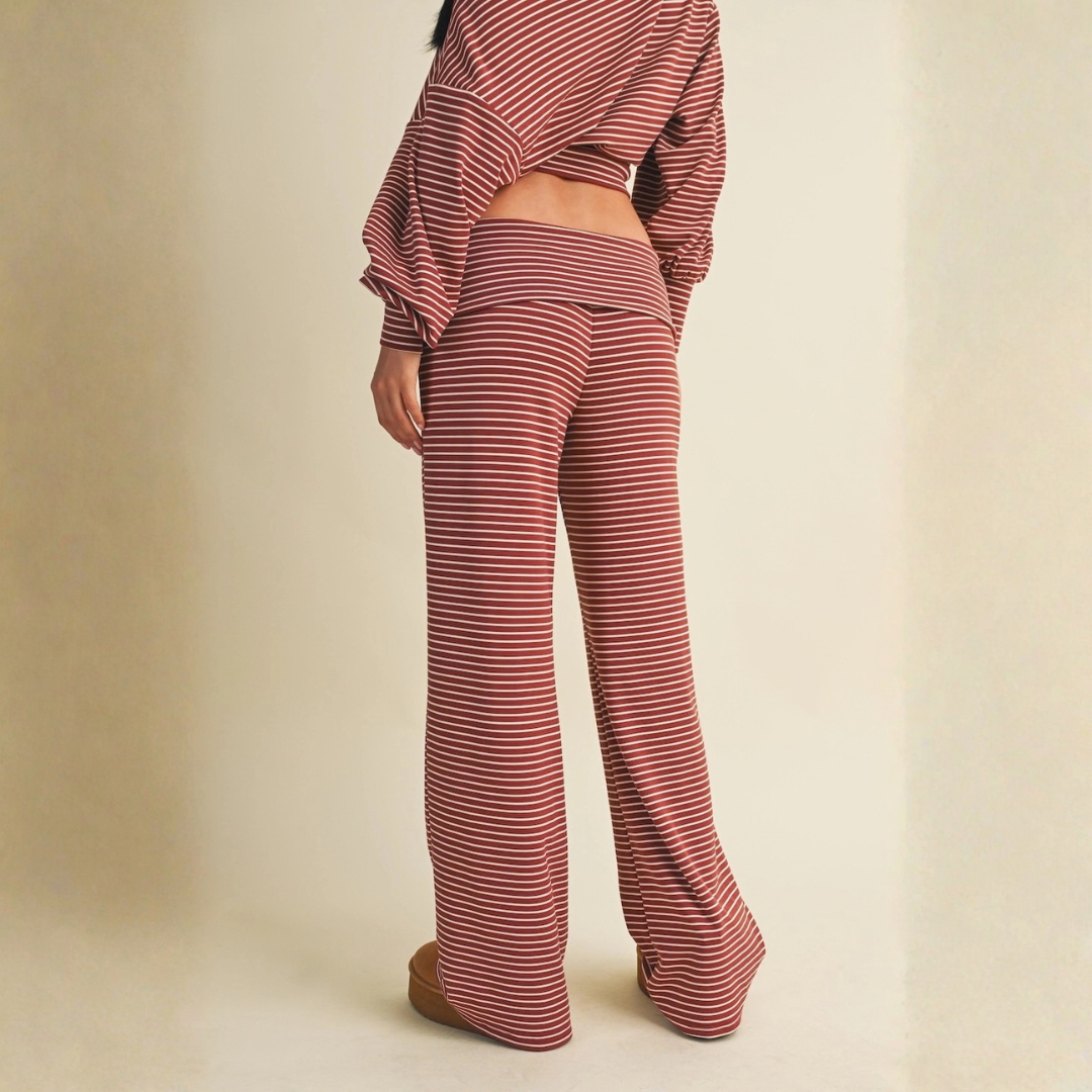 Casey Striped Relaxed Foldover Pants: Chestnut Cream