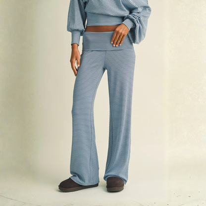 Casey Striped Relaxed Foldover Pants: Blue Navy