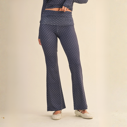 Tessa Soft Knit Foldover Yoga Pants: Navy Polka Dot