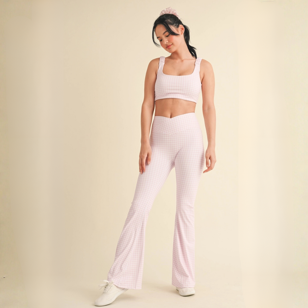 Layla Crossover Yoga Pants: Pink Gingham