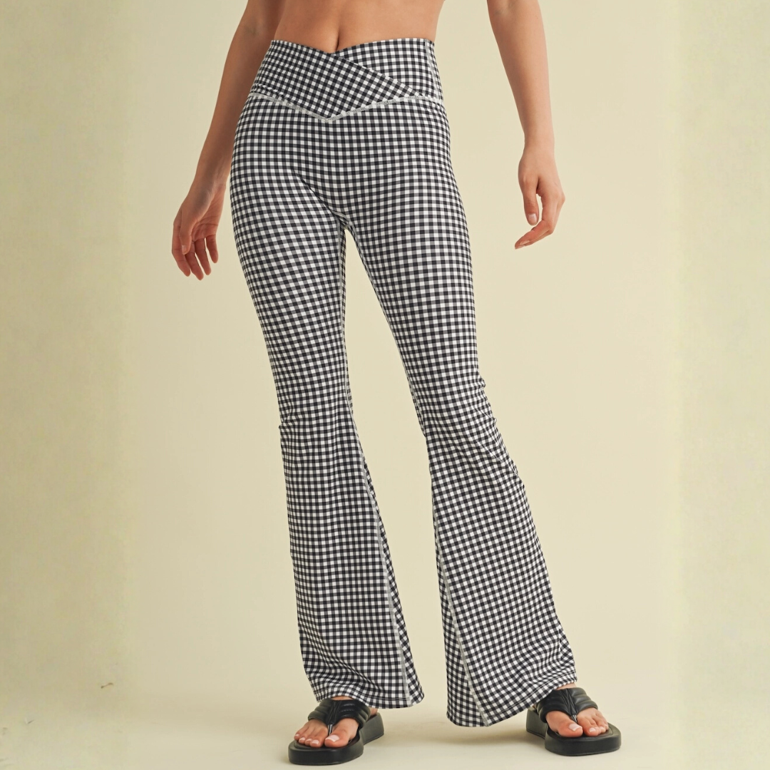 Layla Crossover Yoga Pants: Black Gingham