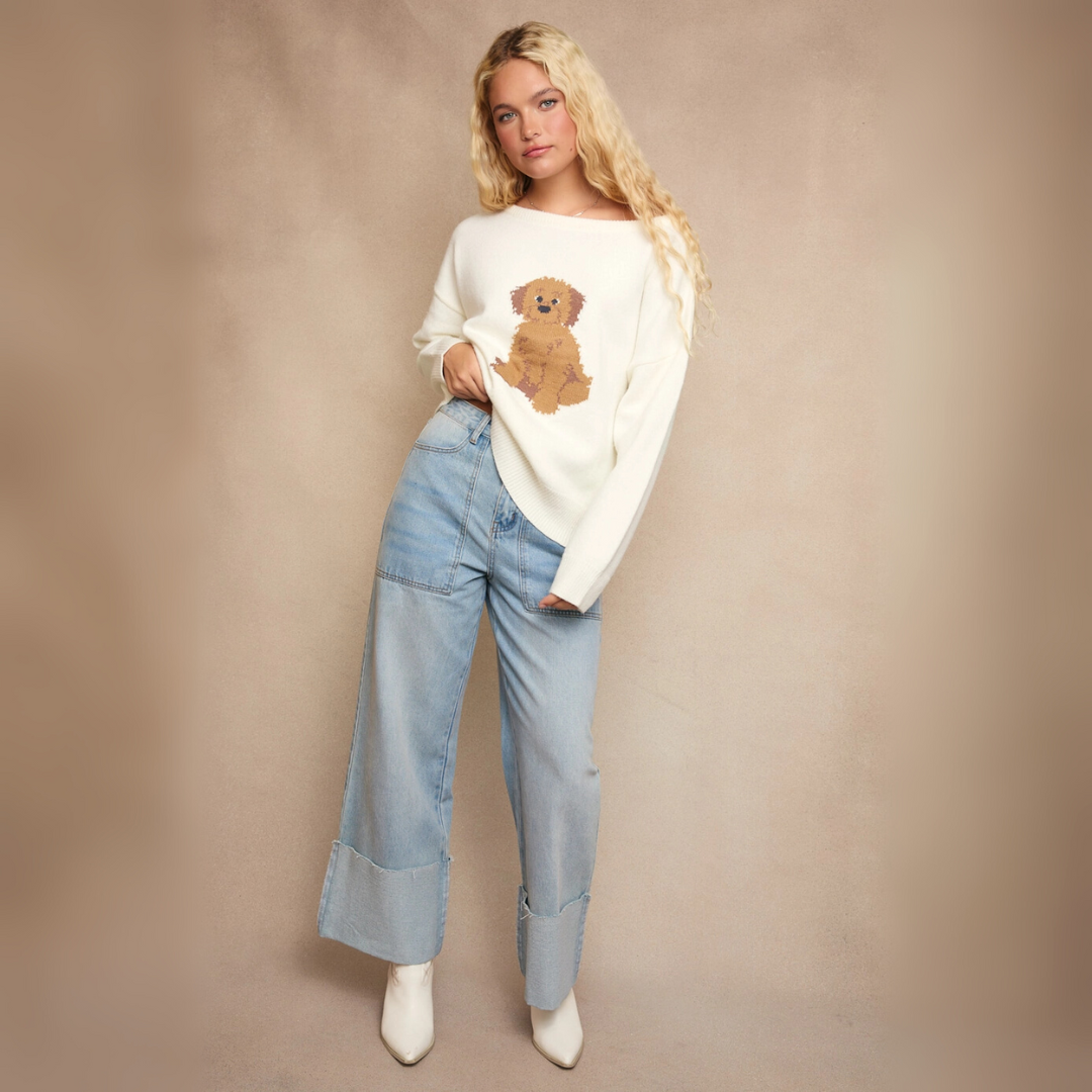 Daisy Puppy Knit Sweater: Ivory