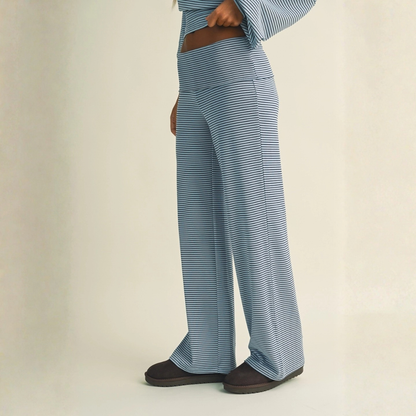 Casey Striped Relaxed Foldover Pants: Blue Navy