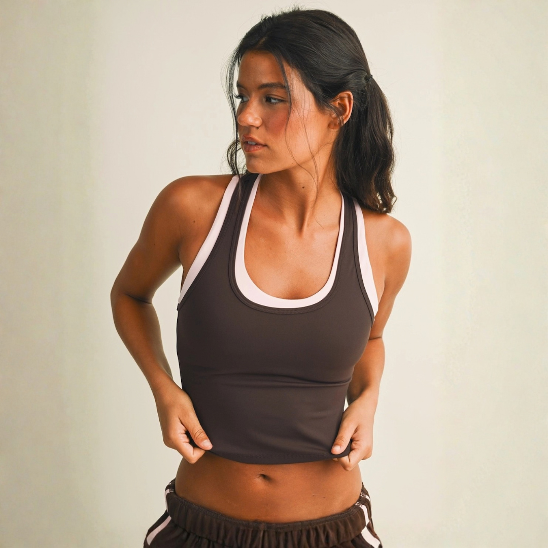 Delaney Double Layered Racerback Tank: Dark Chocolate