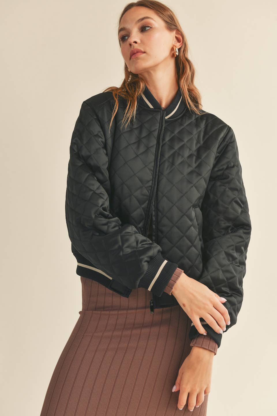 Harper Black Quilted Bomber Jacket: Black