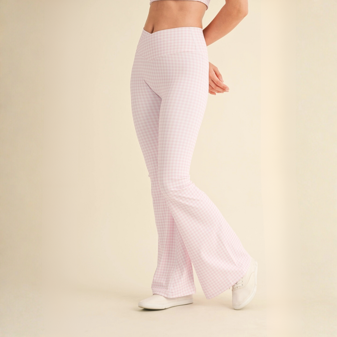 Layla Crossover Yoga Pants: Pink Gingham