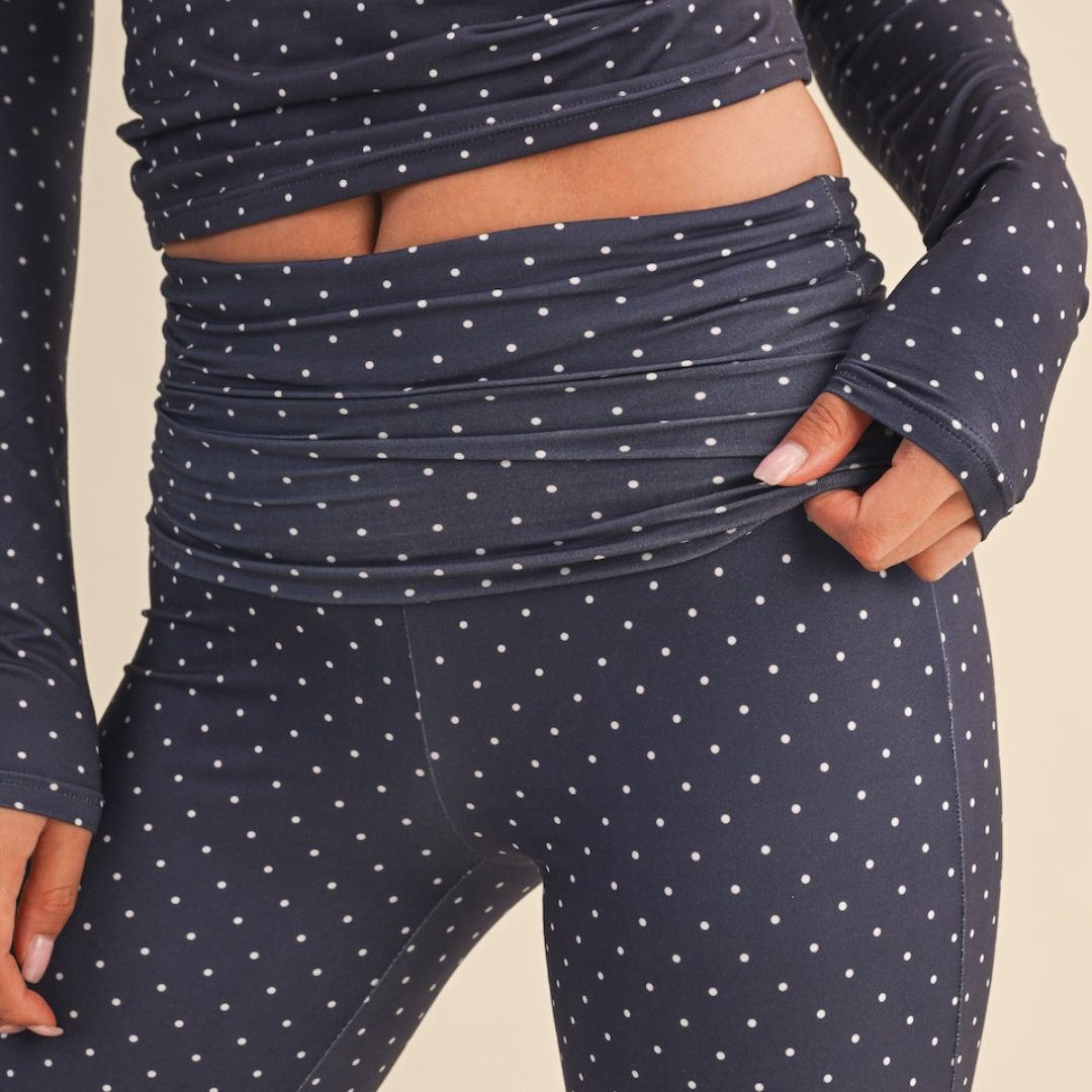 Tessa Soft Knit Foldover Yoga Pants: Navy Polka Dot