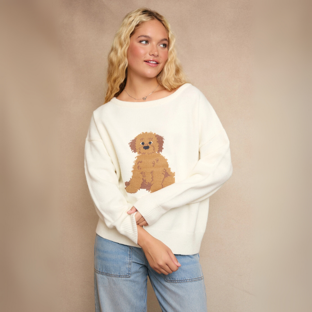 Daisy Puppy Knit Sweater: Ivory