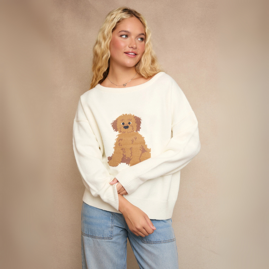 Daisy Puppy Knit Sweater: Ivory