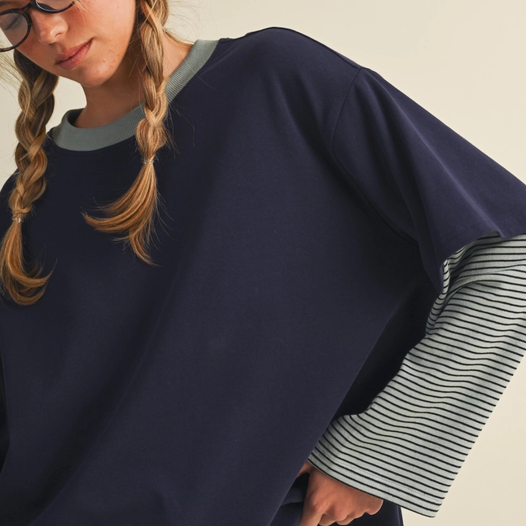 Emilia Oversized Layered Tee: Navy