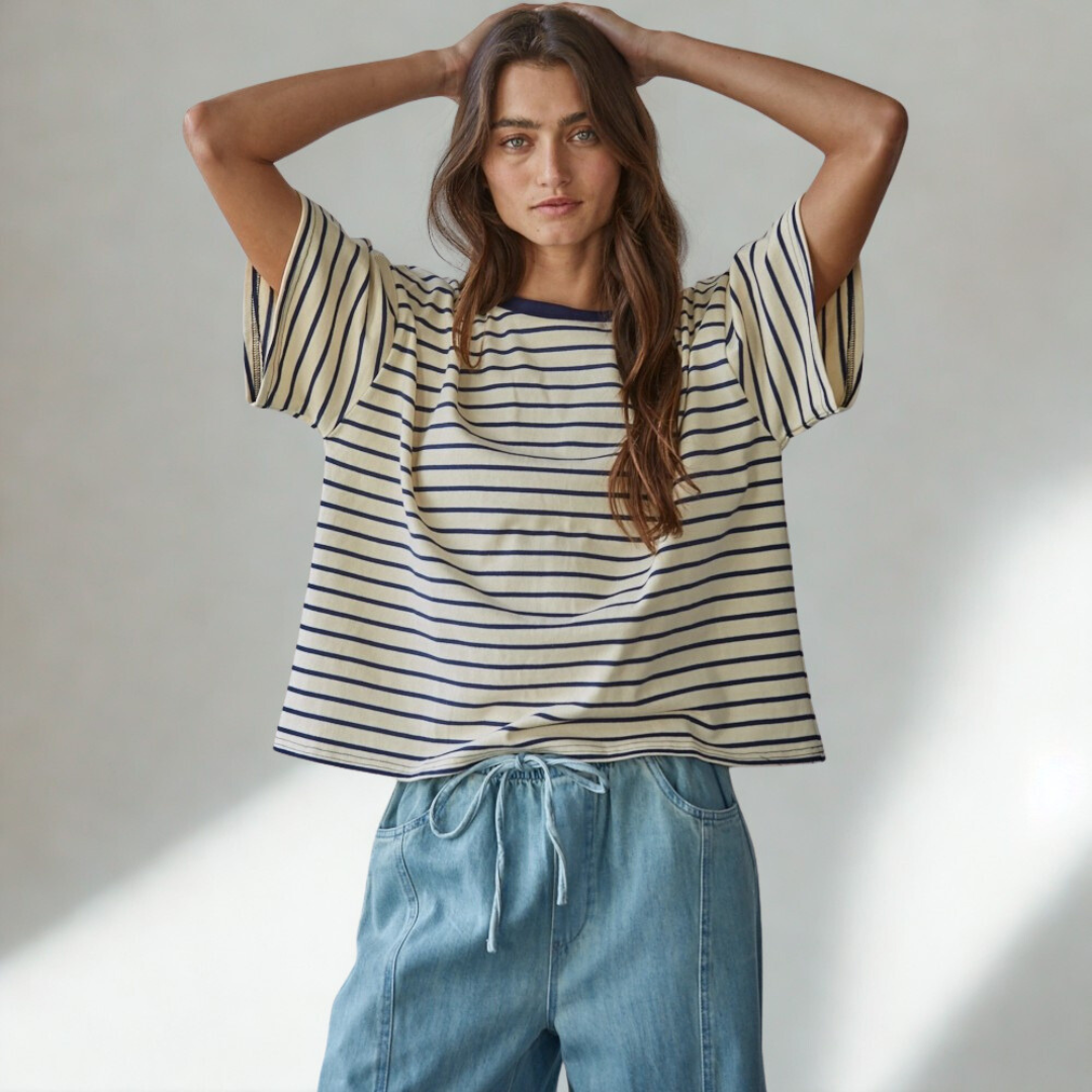 Charlotte Stripped Crew Tee: Navy