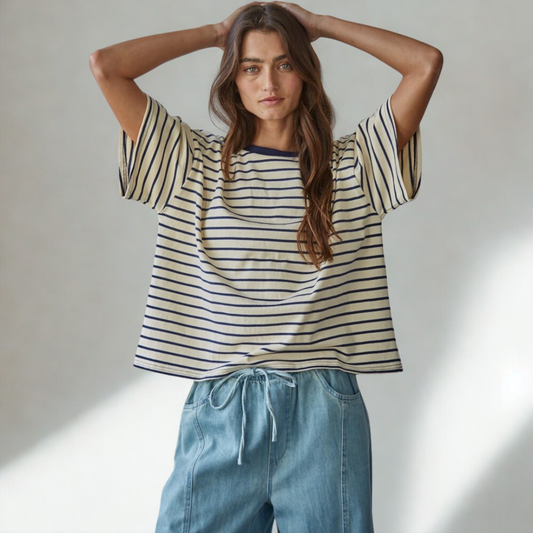 Charlotte Stripped Crew Tee: Navy