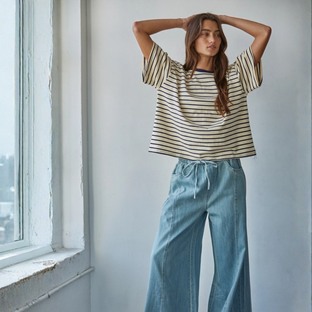 Charlotte Stripped Crew Tee: Navy