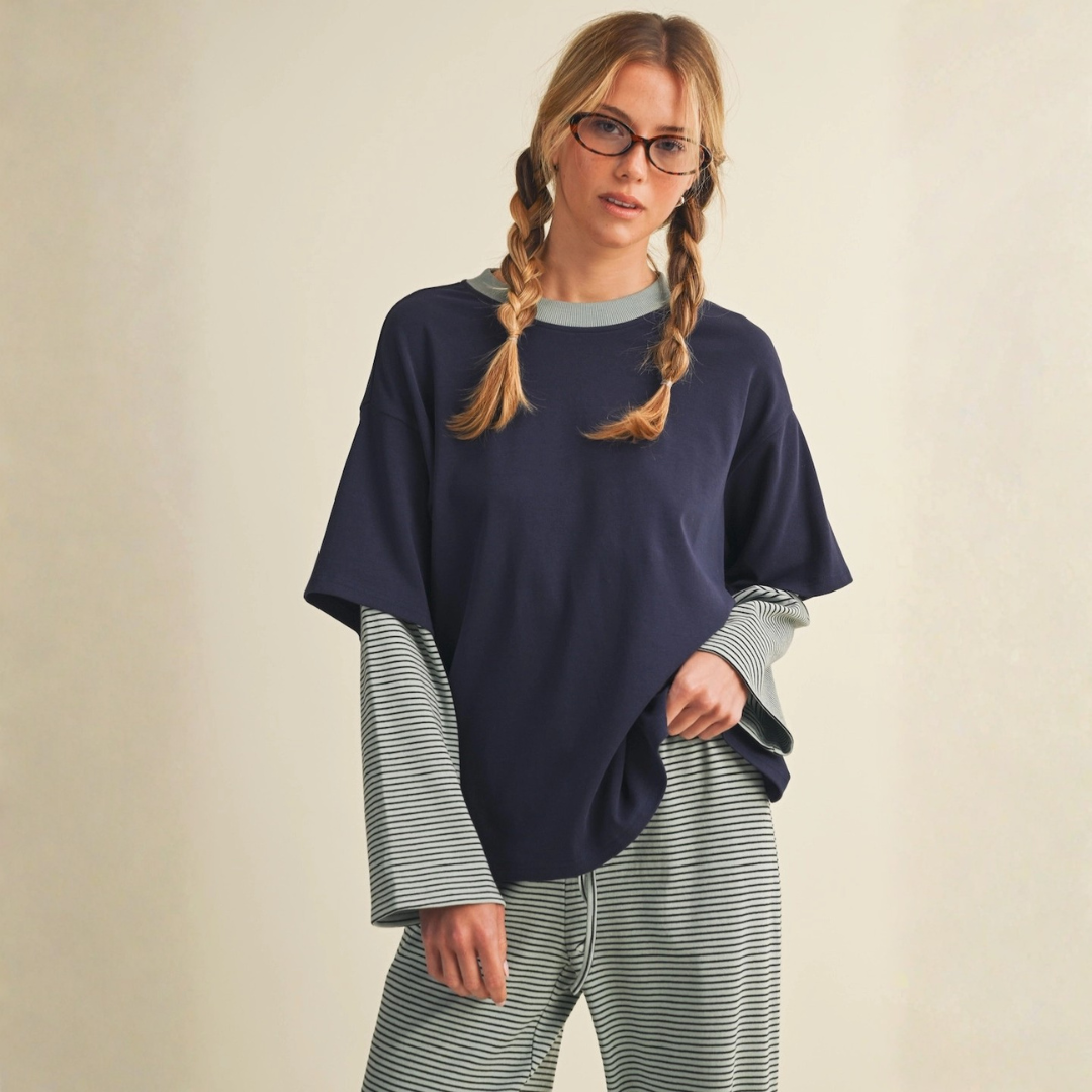Emilia Oversized Layered Tee: Navy