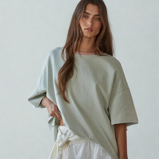 Kate Contrast Collar Tee: Sage