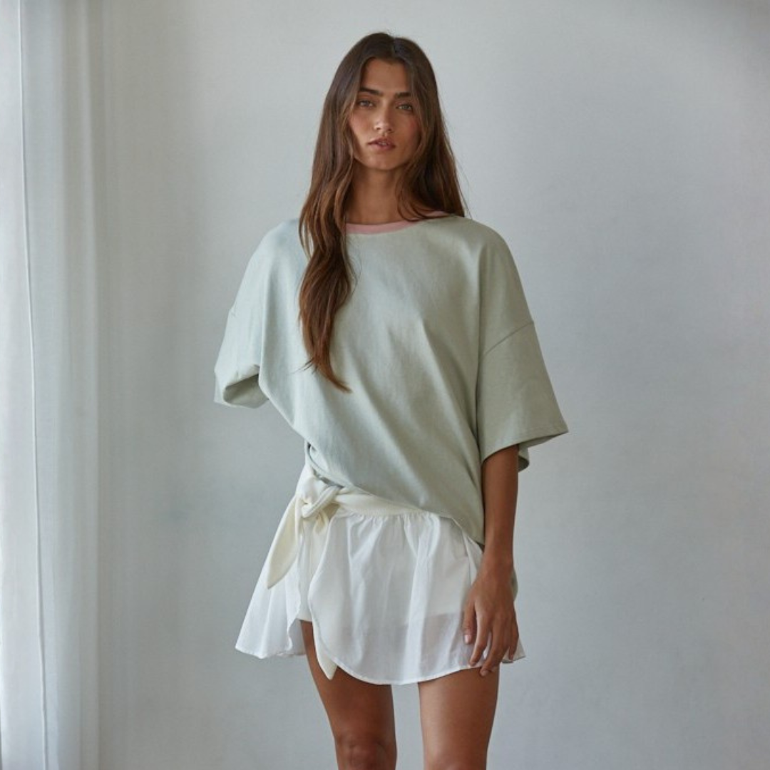 Kate Contrast Collar Tee: Sage