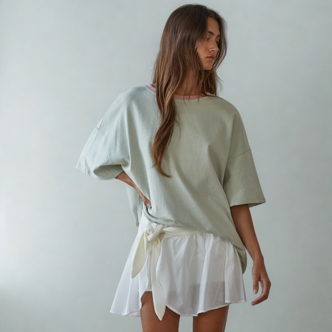 Kate Contrast Collar Tee: Sage