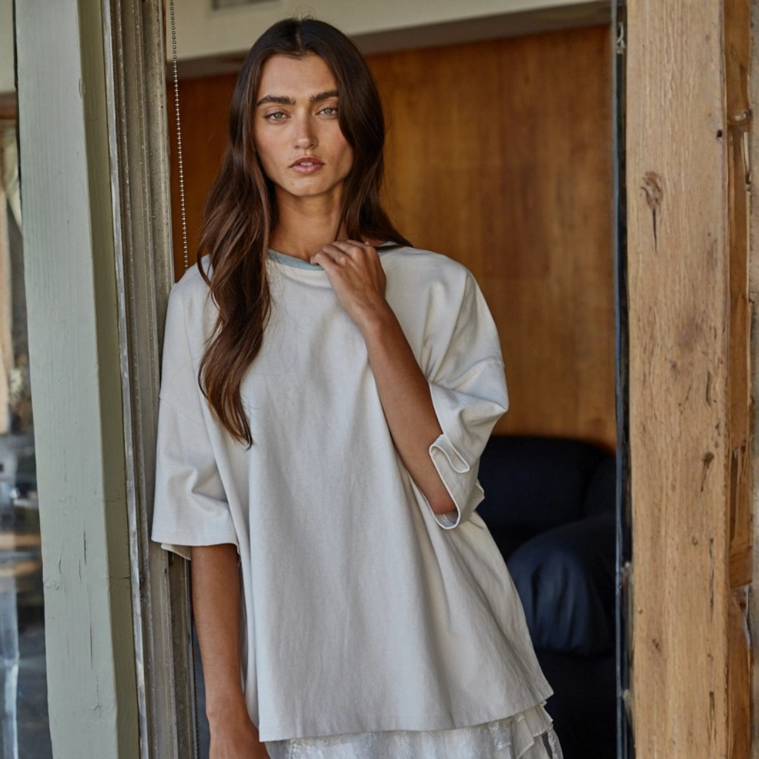 Kate Contrast Collar Tee: Cream