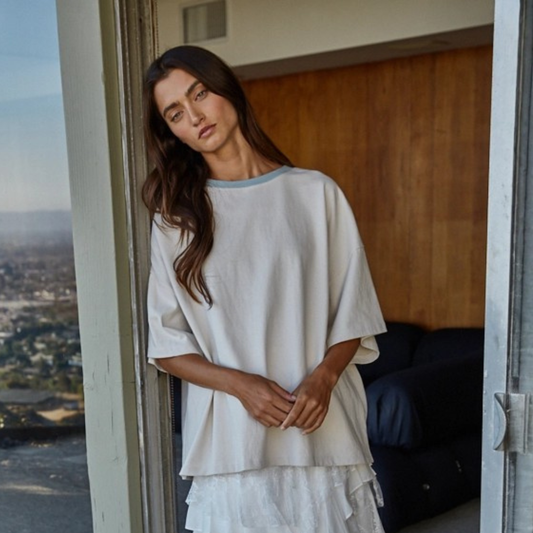 Kate Contrast Collar Tee: Cream