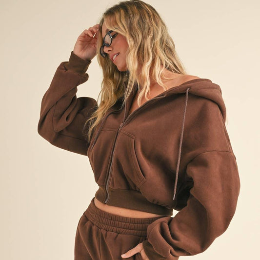 Safina Cozy Fleece Crop Zip-Up: Chocolate