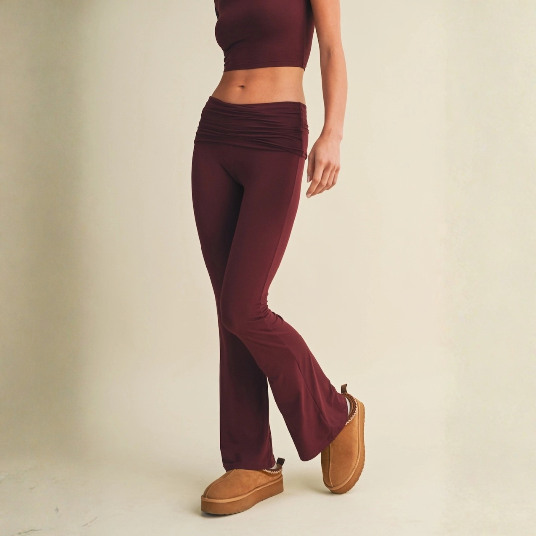 Tessa Soft Knit Foldover Yoga Pants: Burgundy