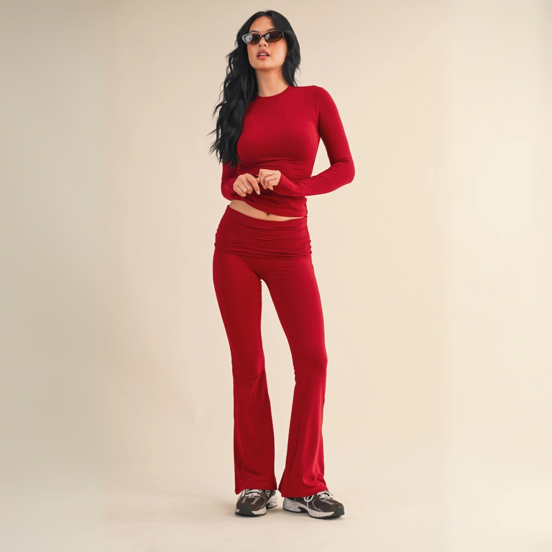 Tessa Soft Knit Foldover Yoga Pants: Cherry